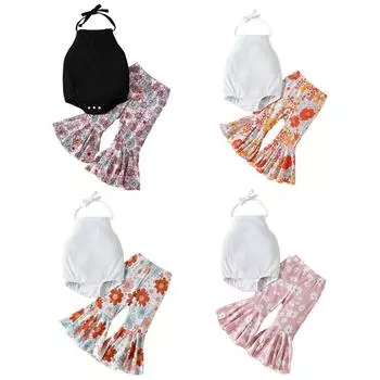 Комплект одежды для маленьких девочек 0-24 месяцев, однотонные висячие брюки с открытой спиной, длинные брюки с цветочным принтом, костюмы из 2 предметов 80