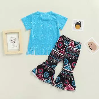 Комплект одежды для маленьких девочек, 1 год, 2 года, 3 года, 4 года, 5 лет, 6 лет, футболка с короткими рукавами и кисточками, верх и низ, брюки-клеш с подсолнухом, 2 предмета, весенне-летняя одежда 5-6 Years синий