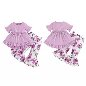 Комплект одежды для маленьких девочек, брюки-клеш с цветочным принтом и рубашка с оборками, топы 100