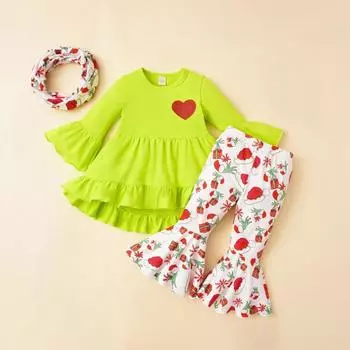 Комплект одежды для маленьких девочек, детский топ с круглым вырезом и длинными рукавами, расклешенные брюки + комплект с повязкой на голову 100