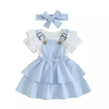 Комплект одежды для маленьких девочек, комбинезон с короткими рукавами, многослойное платье на подтяжках и летний наряд с повязкой на голову 3-6 Months синий