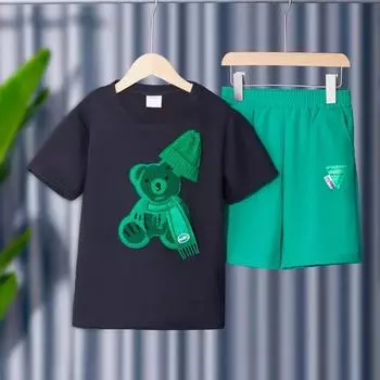 Комплект одежды для маленьких девочек, летние футболки с рисунком медведя и шорты, костюм для детей, модный костюм для мальчиков с верхом и низом, комплект из 2 предметов, спортивный костюм 100CM