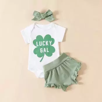 Комплект одежды для маленьких девочек на день Святого Патрика, комбинезон с принтом четырех листьев, шорты, повязка для волос, комплект одежды из 3 предметов для новорожденных девочек, костюм 70