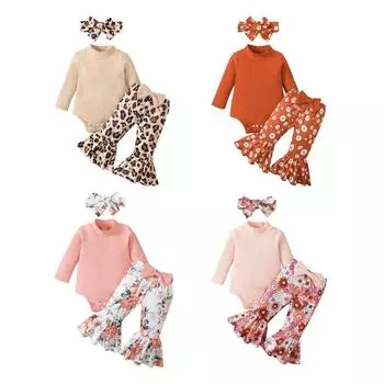 Комплект одежды для маленьких девочек, однотонный комбинезон с длинными рукавами + расклешенные брюки с бантом и принтом + повязка на голову, комплект из 3 предметов, весенне-осенние костюмы 70