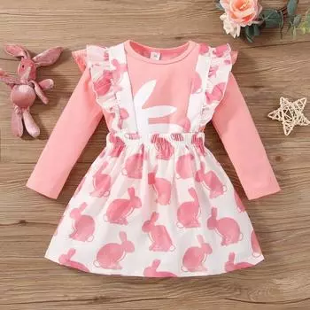 Комплект одежды для маленьких девочек от 6 месяцев до 4 лет, топы с длинными рукавами с принтом пасхального кролика, юбки с бретелями и принтом кролика, наряды, одежда 110