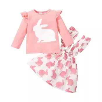 Комплект одежды для маленьких девочек от 6 месяцев до 4 лет, топы с длинными рукавами с принтом пасхального кролика, юбки с бретелями и принтом кролика, наряды, одежда 110