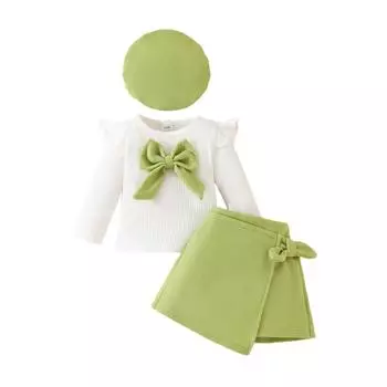 Комплект одежды для маленьких девочек, ребристая футболка с длинным рукавом, топы, юбки со шляпой, 3 предмета, осенняя юбка, наряды 6 месяцев-3 лет 12 зелёный
