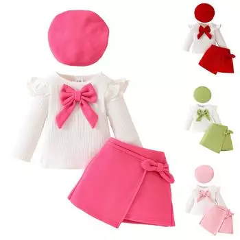 Комплект одежды для маленьких девочек, ребристая футболка с длинным рукавом, топы, юбки со шляпой, 3 предмета, осенняя юбка, наряды 6 месяцев-3 лет 9 зелёный