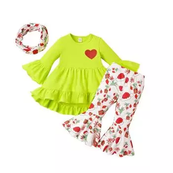 Комплект одежды для маленьких девочек, верхнее платье, расклешенные брюки с рождественским принтом и повязка на голову 100