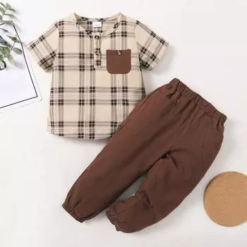 Комплект одежды для маленьких мальчиков, однотонный топ в полоску с короткими рукавами, повседневный комплект с длинными штанами, комплект из 2 предметов, осенне-летняя одежда 12-18M