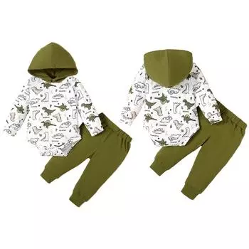 Комплект одежды для малышей, комбинезон с капюшоном и принтом динозавра из мультфильма, топ и штаны, 2 предмета 3-6M