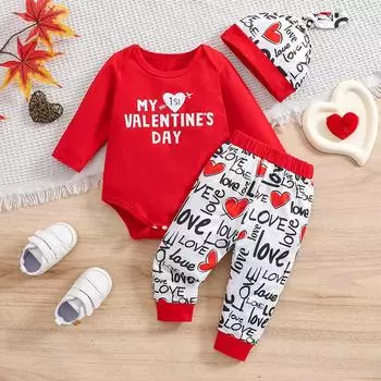 Комплект одежды для младенцев «Мой первый день святого Валентина» из хлопка с длинными рукавами и штанами с шапочкой 1-3M