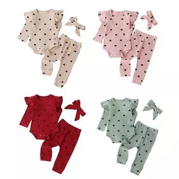 Комплект одежды для младенцев с сердечками, комбинезон с рюшами, верхние штаны и повязка на голову с бантом, 3 шт. 60