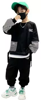Комплект одежды для подростков с длинным рукавом Корейская комплект одежды для мальчиков Весна Осень Длинный рукав Толстовка Спортивные штаны Верх и низ Повседневный Свободный детский чёрный