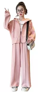 Комплект одежды для подростков с длинным рукавом, корейская комплект одежды для девочек, весна-осень, с длинным рукавом, парка, спортивные штаны, комплект верха и низа, повседневный, свободный, для детей, милый, 120 розовый