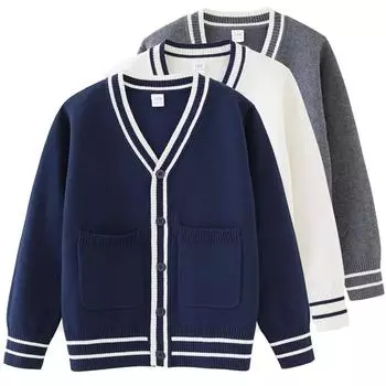 Комплект одежды для родителей и детей, контрастные цветные карманы для детей среднего и старшего возраста, вязаный кардиган, школьная форма для колледжа, свитер, куртка для девочек 110cm белый