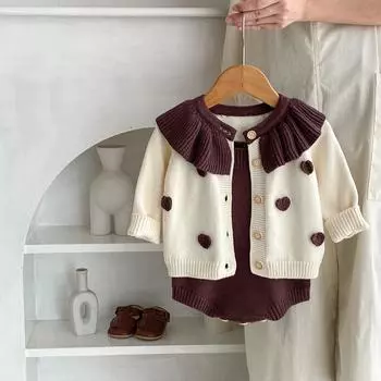 Комплект одежды для вязания для маленьких девочек, 2 предмета, вязаный кардиган с сердечками, однотонный комбинезон, повседневные комплекты одежды для маленьких девочек, bafanou 86142 66cm(3-6M) коричневый