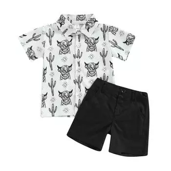Комплект одежды джентльмена для маленьких мальчиков, рубашка-поло на пуговицах, повседневные короткие штаны, летние наряды с короткими рукавами 12-18 Months темно-зеленого
