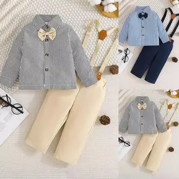 Комплект одежды джентльмена для маленьких мальчиков, рубашки с галстуком-бабочкой, топ, брюки на подтяжках, официальная одежда 6-9 Months королевский синий