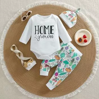 Комплект одежды из 3 предметов для младенцев, домашний хлопковый боди с принтом + шапочка + штаны с рисунком из мультфильмов и овощей 1-3M