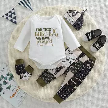 Комплект одежды из 4 предметов для мальчика с буквенным принтом, хлопковый комбинезон, шапочка, варежки и штаны 1-3M