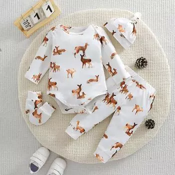 Комплект одежды из 4 предметов: очаровательный детский боди с рисунком оленя + шапочка + детские варежки + удобные штаны 1-3M