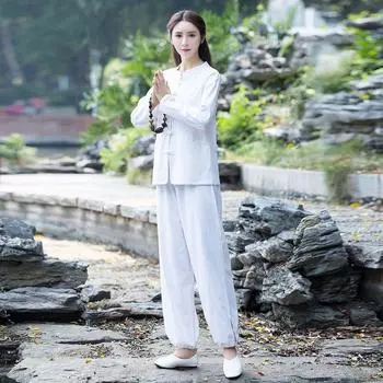Комплект одежды из хлопка и льна для тай-чи, чайная одежда в китайском стиле, одежда для йоги, женский костюм M зелёный