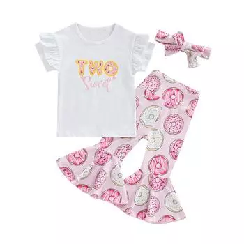 Комплект одежды из трех предметов для маленьких девочек, футболка с короткими рукавами и буквенным принтом для детей 18 месяцев и 3 лет + брюки-клеш с принтом + повязка на голову 18-24 Months розовый