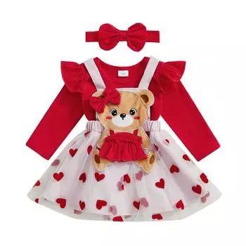 Комплект одежды на День святого Валентина для девочки: комбинезон с длинными рукавами + юбка на подтяжках из тюля + повязка на голову 12-18 Months красный