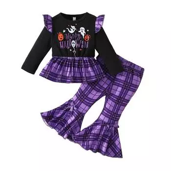 Комплект одежды на Хэллоуин для маленьких девочек: топ с принтом и брюки-клеш в клетку 18-24M