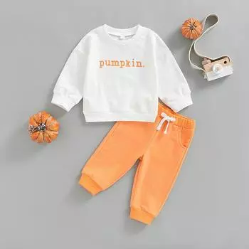 Комплект одежды на Хэллоуин для маленьких мальчиков 0–5 лет, 6 месяцев, 12 месяцев, 18 месяцев, 24 месяцев, 2 года и 3 лет, пуловер для новорожденных девочек, толстовки, хлопковые штаны, повседневная одежда 2-3 Years оранжевый