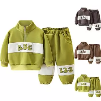 Комплект одежды весна-осень с буквенным принтом и R-образным вырезом, толстовка, длинные штаны, наряд на День святого Валентина для малышей 100 кофейный