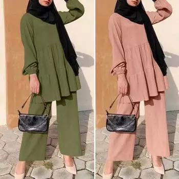 Комплект однотонного плиссированного лоскутного топа с круглым вырезом и длинными рукавами, широкие брюки с эластичной резинкой на талии и карманами, брюки, женская повседневная одежда XL хаки