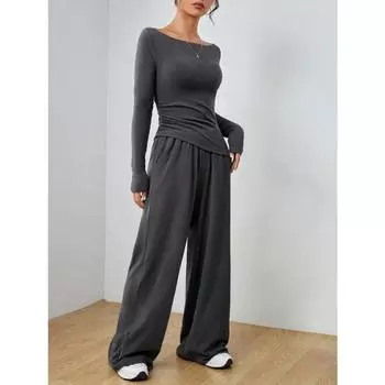 Комплект осень-зима однотонный длинный рукав повседневные широкие брюки модный комплект из двух предметов женская одежда костюмы и комплекты женские S чёрный
