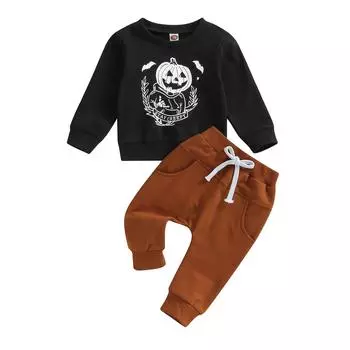 Комплект осенней одежды для маленьких мальчиков, толстовка с круглым вырезом с длинными рукавами и принтом тыквы + брюки с эластичной резинкой на талии, наряды на Хэллоуин 6-12 Months чёрный