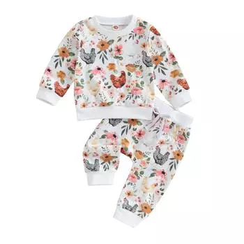 Комплект осенней одежды из 2 предметов для маленьких девочек, 6 месяцев, 12 месяцев, 18 месяцев, 24 месяца, 3 года, топы с круглым вырезом с длинными рукавами и принтом «Цветок и цыпленок», брюки с эластичной резинкой на талии, наряд 0-6 Months белый