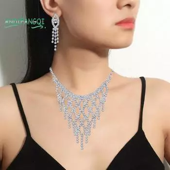 Комплект ожерелья и серег с блестящими стразами геометрической формы, висячие серьги, элитные роскошные серьги для невесты, стиль принцессы, свадебный выпускной, банкет, ювелирные изделия на шею серебряный