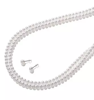 Комплект ожерелья из жемчуга Baby Pearl, комплект из жемчужного ожерелья Grand Premium 110 см, комплект серег из белого и золотого золота, 3 года гарантии [VOTRE COUTURE]