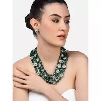 Комплект ожерелья Kundan с зелеными бусинами и цветочным принтом для женщин