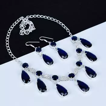 Комплект ожерелья с синим сапфиром, сапфировый драгоценный камень, ручная работа, 925 пробы, серьги с сапфиром, комплект ожерелья для женщин, ожерелье для подарков, подарки на День святого Валентина 20 синий