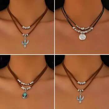 Комплект ожерелий из европейского и американского трансграничного сплава с подвесками из бирюзы и кактуса k 5206 белый