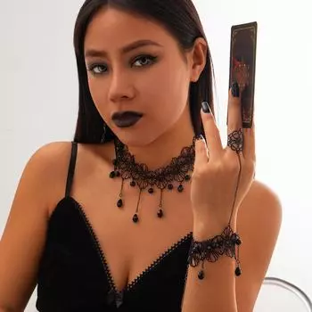 Комплект ожерелий из сплава «Готическая луна»: Многослойная женская кружевная кисточка Earrings + Necklace 5322 чёрный