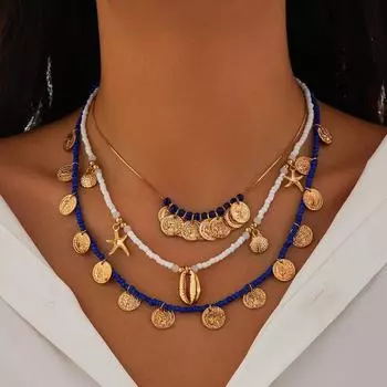 Комплект ожерелий с европейско-американским пляжным жемчугом и морской звездой 5233 золотой