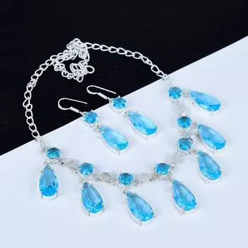 Комплект ожерелий Swiss Blue Topaz, топаз, драгоценный камень, ручная работа, серебро 925 пробы, комплект сережек Swiss Blue Topaz, ожерелье для женщин, ожерелье для подарков 20 синий