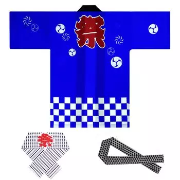 Комплект пальто Happi для взрослых Festival Obi Tenugui полиэстер унисекс Festival Happy Event Yosakoi [Nanairokan] 3 предмета (Синий, Л) синий