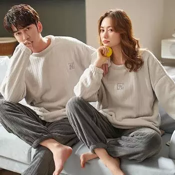 Комплект пижамы для пары из флиса с рисунком в виде коралла: Милый, теплый, плотный бархат для осени и зимы Women s M (80-95 jin)