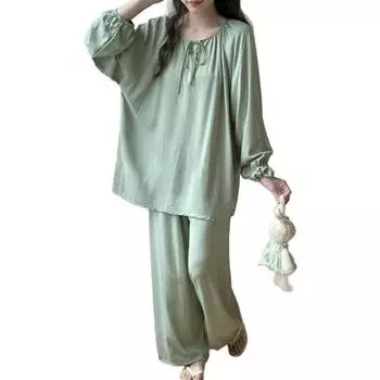 Комплект пижамы для женщин Топ с длинным рукавом и брюки Комплект одежды для сна Повседневный свободный Домашний костюм Комплект из 2 предметов для весны и осени зелёный