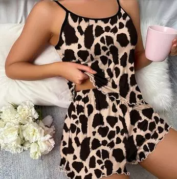 Комплект пижамы с принтом бабочек для женщин, топ без рукавов с круглым вырезом, шорты с эластичным поясом, удобная одежда для сна S коричневый