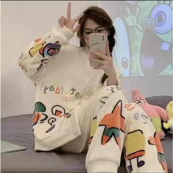 Комплект пижамы утолщенный теплый милый сладкий кардиган домашняя одежда для женщин L80-120 белый