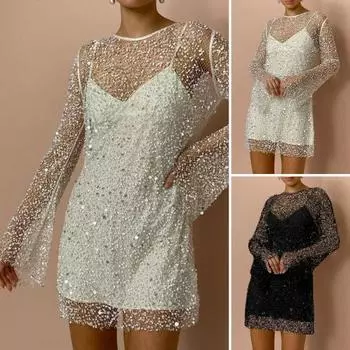 Комплект платьев из 2 шт./компл., прозрачное сетчатое платье с пайетками и бретелями, свободное платье с длинными рукавами и круглым вырезом, ажурное женское платье для выпускного вечера L белый